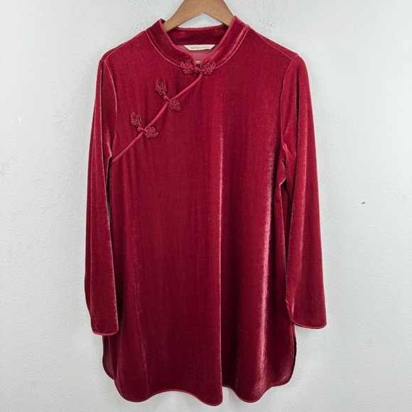 Soft Surroundings Maroon Red Velvet Tunic Top Long Sleeve Qipao Mandarin Collar - Picture 1 of 8
